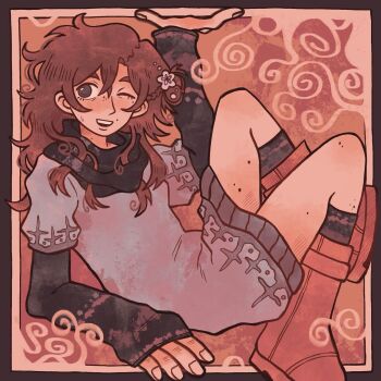 Rule 34 | 1girl, blush, boots, brown boots, brown hair, commentary, dress, english commentary, eyelashes, fingernails, flower, freckles, full body, hair between eyes, hair bun, hair flower, hair ornament, highres, kurashiki akane, kyokugen dasshutsu, kyokugen dasshutsu: 9 jikan 9 nin 9 no tobira, long sleeves, one eye closed, open mouth, pakutheta, purple dress, single side bun, smile, solo, sweatdrop, teeth, upper teeth only