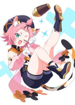 Rule 34 | 1girl, animal ears, cat ears, cat girl, cat tail, commentary request, diona (genshin impact), fang, genshin impact, gloves, green eyes, hat, highres, kamuraaa 615, legs, one eye closed, open mouth, paw print, pink hair, puffy sleeves, shoes, simple background, solo, tail