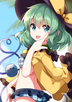 1girl bikini black_hat blue_bikini bow breasts closed_mouth commentary_request eyeball frilled_bikini frilled_shirt frilled_shirt_collar frilled_sleeves frills green_eyes green_hair hat hat_bow highres komeiji_koishi long_sleeves looking_back medium_hair open_clothes open_shirt over_shoulder plaid_bikini plaid_clothes pointing ruu_(tksymkw) shirt small_breasts solo sun_hat swimsuit third_eye tongue tongue_out touhou upper_body white_bikini wide_sleeves yellow_bow yellow_shirt