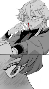 2girls absurdres asticassia_school_uniform blood blood_on_clothes blush ear_blush greyscale gundam gundam_suisei_no_majo hand_on_another&#039;s_shoulder highres long_hair long_sleeves looking_at_another miorine_rembran monochrome multiple_girls necktie nosebleed saliva school_uniform snapagi spot_color suletta_mercury sweat yuri