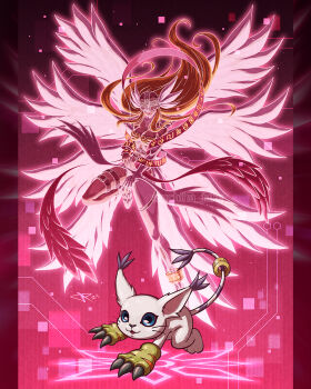 Rule 34 | 1girl, angel, angewomon, animal hands, blonde hair, blue eyes, body fur, bodysuit, breasts, cat, cleavage, covered eyes, digimon, digimon (creature), digimon adventure, evolutionary line, full body, gloves, helmet, helmet over eyes, highres, large breasts, long hair, paw gloves, tail, tail ornament, tail ring, tailmon, uchiha jake, whiskers, white bodysuit, white fur, winged helmet