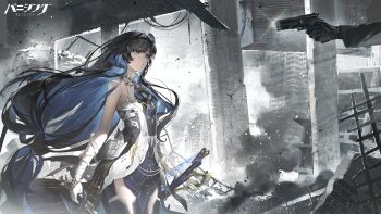 1girl absurdres black_hair blue_eyes blue_hair building burning burning_building commandant_(pgr) gun handgun highres holding holding_gun holding_weapon long_hair multicolored_hair official_art pillar punishing:_gray_raven ruins selena:_pianissimo_(pgr) selena_(pgr) smoke two-tone_hair very_long_hair weapon