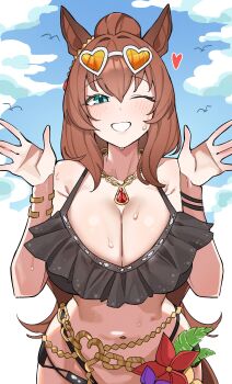 1girl absurdres ahti animal_ears aqua_eyes bikini black_bikini blue_sky blush breasts brown_hair chain cleavage cloud cloudy_sky commentary day floral_print floral_print_bikini flower frilled_bikini frills gold_chain gold_necklace heart heart-shaped_eyewear highres horse_ears horse_girl huge_breasts jewelry looking_at_viewer maruzensky_(hot_summer_night)_(umamusume) maruzensky_(umamusume) navel necklace official_alternate_costume official_alternate_hairstyle one_eye_closed orange-tinted_eyewear print_bikini red_flower sky solo stomach sweat swimsuit tinted_eyewear umamusume white-framed_eyewear
