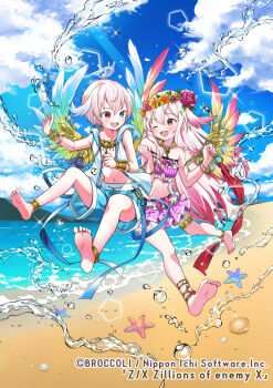 07touka25 1girl beach bikini blue_eyes blue_hair blue_jacket blue_sky blue_swim_trunks bracelet braid cloud cloudy_sky commentary_request copyright_notice enki_(z/x) enlil_(z/x) feathered_wings flower gold_bracelet hair_between_eyes hair_flower hair_ornament head_wreath heterochromia highres jacket jewelry long_hair low_twin_braids multicolored_hair multicolored_wings navel ocean official_art one_eye_closed open_clothes open_jacket open_mouth pink_bikini pink_hair red_eyes red_hair shell short_hair sky sleeveless sleeveless_jacket sparkle splashing starfish swimsuit twin_braids white_hair wings z/x