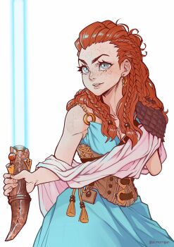 Rule 34 | 1girl, absurdres, aloy (horizon), amputee, blue dress, borrowed hairstyle, braid, brown corset, brown hair, commentary, corset, dress, earrings, energy sword, english commentary, green eyes, hair behind ear, highres, holding, holding sword, holding weapon, horizon (game), jewelry, lightsaber, saint morrigan, simple background, solo, star wars, sword, tenel ka djo, v-shaped eyebrows, weapon, white background