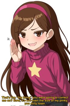 1girl animification asymmetrical_bangs black_pants blush brown_hair commentary corrupted_twitter_file english_commentary english_text fang gravity_falls hairband hanabi_kaji hand_up highres long_hair long_sleeves looking_at_viewer mabel_pines pants pink_hairband pink_sweater skin_fang solo star_(symbol) subtitled sweater v-shaped_eyebrows