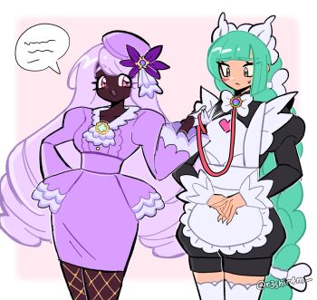 2girls :d apron ascot black_romper blunt_bangs border bow bowtie braid braided_ponytail brooch commentary dark-skinned_female dark_skin dress english_commentary fishnets frilled_ascot frills gloves green_hair highres holding holding_leash jacinthe_(pokemon) jewelry juliet_sleeves leash lebanne_(pokemon) long_braid long_hair long_sleeves looking_at_another low_drills maid_apron maid_headdress mega_stone multiple_girls nintendo open_mouth pink_background pokemon pokemon_legends:_z-a puffy_sleeves purple_dress purple_eyes purple_hair ram_(r3shir4m) romper simple_background smile speech_bubble standing sweatdrop thighhighs upper_body very_dark_skin white_border white_bow white_bowtie white_gloves white_thighhighs