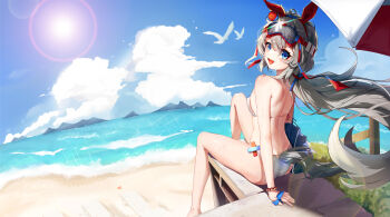 1girl absurdres alternate_costume animal_ears bag beach beach_umbrella bead_bracelet beads bikini bird blue_bag blue_eyes blue_hairband bracelet cloud ear_covers ear_ornament fang full_body grey_tail hairband headband highres horse_ears horse_girl horse_tail jewelry long_hair looking_at_viewer low_ponytail mo4ke multicolored_hairband open_mouth outdoors pier ponytail red_headband sand shoulder_bag sidelocks sitting skin_fang sky solo striped_clothes striped_hairband summer sun swimsuit tail tamamo_cross_(umamusume) two-tone_hairband umamusume umbrella water white_bikini