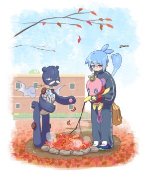 2boys akuma_(puyopuyo) animal autumn_leaves bag blue_eyes blue_hair blue_shoes blue_sky border brown_bag building closed_mouth commentary crown detached_wings disembodied_head dolphin facial_hair falling_leaves floating_head foil ghost grey_jacket grey_pants heterochromia highres holding holding_animal holding_stick jacket leaf looking_down mittens motimoti_mgmg multiple_boys mustache ocean_prince pants puyopuyo puyopuyo_fever_2 red_eyes red_mittens rock shoes sig_(puyopuyo) sky sneakers standing star_(symbol) steam stick stuffed_animal stuffed_toy teddy_bear track_jacket track_pants white_border white_hair wings