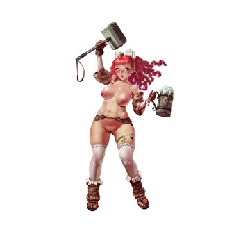 1girl alcohol arm_up artist_request bare_shoulders beer bow braid breasts brown_eyes cleavage crystal_maiden_(series) curly_hair detached_sleeves dwarf full_body game_cg gloves hair_bow hammer highres holding holding_hammer holding_weapon large_breasts leather leather_gloves multiple_hair_bows navel nipples nude official_art open_mouth pussy red_hair sandals solo tankard torel_(crystal_maidens) transparent_background variant_set weapon white_bow
