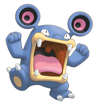 Rule 34 | artist request, clenched hands, derivative work, fangs, full body, gen 3 pokemon, highres, loudred, nintendo, no humans, nostrils, official art, open mouth, pokemon, pokemon (creature), pokemon focus, pokemon mystery dungeon, pokemon mystery dungeon: explorers of time/darkness/sky, simple background, solo, standing, standing on one leg, symbol-shaped pupils, tongue, triangle-shaped pupils, uvula, white background