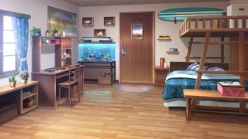 analog_clock apartment aquarium bedroom book box cardboard_box chair clock coffee_maker computer curtains day desk highres indoors laptop map_(object) model_ship no_humans non-web_source official_art our_life:_beginnings_and_always plant potted_plant rug scenery seashell shelf shell surfboard window wooden_chair wooden_door wooden_floor