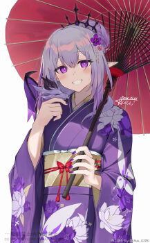 1girl alternate_costume animal animal_on_shoulder auui braid castorice_(honkai:_star_rail) commentary_request cowboy_shot dated dragon floral_print flower grey_hair hair_bun hair_flower hair_ornament hand_up highres holding holding_umbrella honkai:_star_rail honkai_(series) japanese_clothes kimono long_sleeves nail_polish obi oil-paper_umbrella pointy_ears print_kimono purple_eyes purple_hair purple_kimono purple_nails red_umbrella sash sidelocks signature simple_background smile solo umbrella watermark white_background wide_sleeves
