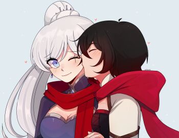 2girls absurdres artist_name black_dress black_hair blue_background blue_eyes blush breasts cape chumi cleavage cleavage_cutout closed_eyes clothing_cutout dress gradient_hair hair_ornament heart highres hood kiss kissing_cheek long_hair medium_breasts multicolored_hair multiple_girls one_eye_closed ponytail purple_dress red_cape red_hair red_scarf ruby_rose rwby scar scar_across_eye scar_on_face scarf short_hair weiss_schnee white_hair yuri