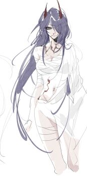 1girl acheron_(honkai:_star_rail) acheron_(izumo)_(honkai:_star_rail) alternate_costume blood chest_sarashi chinese_commentary feng282166 hair_over_one_eye highres honkai:_star_rail honkai_(series) horns japanese_clothes kimono long_hair navel purple_eyes purple_hair red_horns sarashi simple_background sketch solo stomach upper_body white_background white_kimono wide_sleeves