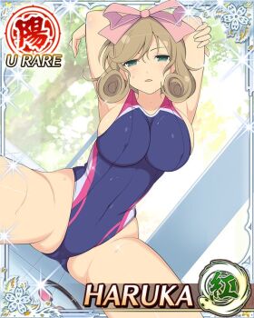 1girl arms_behind_head blue_one-piece_swimsuit border bow breasts brown_hair card_(medium) character_name competition_swimsuit covered_erect_nipples covered_navel curled_ends day game_cg goggles green_eyes hair_bow hand_on_own_arm haruka_(senran_kagura) head_tilt highleg highleg_one-piece_swimsuit indoors large_breasts looking_at_viewer medium_hair navel official_art one-piece_swimsuit parted_lips pink_bow poolside senran_kagura senran_kagura_new_wave sitting solo spread_legs stretching swept_bangs swimsuit third-party_source unworn_goggles wet