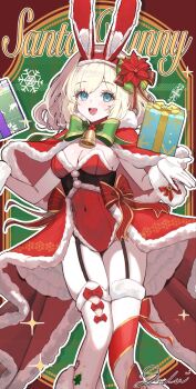 1girl animal_ear_hairband animal_ears blonde_hair bow box cape capelet christmas christmas_ornaments christmas_stocking christmas_wreath coat commentary_request covered_navel dolce_(dolsuke) english_text fake_animal_ears feet_out_of_frame flower fur-trimmed_capelet fur_trim fur_wrist_cuffs garter_straps gift gift_box gloves green_bow hair_flower hair_ornament hair_ribbon hairband highleg highleg_leotard highres leotard long_coat merry_christmas original outstretched_arms playboy_bunny poinsettia rabbit_ear_hairband rabbit_ears red_capelet red_coat red_leotard ribbon santa_costume short_hair snowflakes solo sparkle_print standing text_background thighhighs white_gloves wreath wrist_cuffs