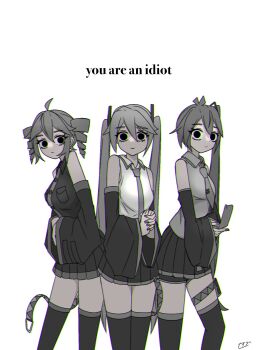3girls ahoge akita_neru alternate_eye_color antenna_hair bare_shoulders black_eyes black_skirt black_sleeves black_thighhighs blank_stare buttons cellphone chromatic_aberration collared_shirt detached_sleeves drill_hair feet_out_of_frame flip_phone greyscale hair_between_eyes hair_ornament hatsune_miku highres holding holding_phone kasane_teto light_smile long_hair looking_at_viewer monochrome multiple_girls necktie o_o phone seibutsu_(kaibu23_seibutu) shirt side_ponytail signature skirt thighhighs triple_baka_(vocaloid) twin_drills twintails utau vocaloid white_background you_are_an_idiot_(virus)