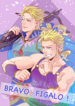 2boys bare_shoulders beard blonde_hair blue_cape blue_eyes blue_ribbon bow_(weapon) brothers cape clenched_hands clenched_teeth crossbow dated earrings edgar_roni_figaro facial_hair final_fantasy final_fantasy_vi ginka2023 gold_trim hair_ribbon hashtag-only_commentary highres holding holding_crossbow holding_weapon jewelry long_hair low_ponytail male_focus multi-tied_hair multiple_boys muscular muscular_male one_eye_closed over_shoulder ponytail purple_background purple_shirt ribbon sabin_rene_figaro sash shirt siblings teeth twins upper_body waist_sash weapon weapon_over_shoulder