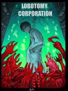 Rule 34 | 1boy, ayin (project moon), black hair, brain, closed mouth, cowboy shot, extra eyes, flesh, hands in pockets, hashtag-only commentary, highres, lab coat, little red riding hooded mercenary, lobotomy corporation, male focus, melting love, monster, nothing there, project moon, queen of hatred, sansan375223, smile, solo, stasis tank, yellow eyes