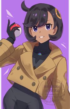 1girl black_bodysuit black_gloves black_hair bodysuit bodysuit_under_clothes brown_jacket dusk_poke27 emma_(pokemon) eyelashes gloves grin hand_up highres holding holding_poke_ball jacket long_sleeves nintendo poke_ball poke_ball_(basic) pokemon pokemon_legends:_z-a purple_background purple_eyes ring_hair_ornament short_hair smile solo teeth watermark