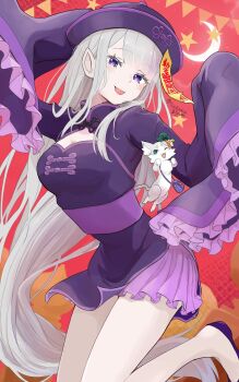 1girl :p alternate_costume breasts cat chinese_clothes cleavage crescent_moon dress elf emilia_(re:zero) frilled_sleeves frills grey_hair halloween halloween_costume hat highres jiangshi jiangshi_costume long_hair long_sleeves looking_at_viewer medium_breasts moon ofuda pointy_ears purple_dress purple_eyes qingdai_guanmao re:zero_kara_hajimeru_isekai_seikatsu sakanaglyph sleeves_past_fingers sleeves_past_wrists smile solo tongue tongue_out very_long_hair white_hair