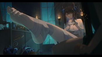 1girl absurdres asymmetrical_horns black_hair black_nails blue_hair cirkus colored_inner_hair feet halloween halloween_bucket halloween_costume happy_halloween highres hololive hololive_english horns jailbird_(nerissa_ravencroft) mole mole_under_eye multicolored_hair mummy_costume nail_polish nerissa_ravencroft purple_eyes slit_pupils solo_focus torch uneven_horns