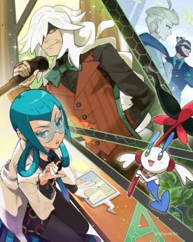 2boys 2girls absurdres az_(pokemon) black_jacket black_shirt black_suit blonde_hair blue_eyes blue_hair blue_nails blush breasts brown_hair cane closed_mouth coat dress earrings facial_hair floette floette_(eternal) flower formal_clothes gen_4_pokemon gen_6_pokemon glasses gloves green_shirt hair_over_one_eye hair_rings highres holding holding_cane holding_flower hsin jacket jett_(pokemon) jewelry lab_coat lipstick long_hair long_sideburns long_sleeves looking_at_viewer mable_(pokemon) makeup mature_female multiple_boys multiple_girls muscular muscular_male mutton_chops necktie nintendo open_clothes open_coat open_mouth orange_pants orange_vest pants parted_lips pokemon pokemon_(creature) pokemon_legends:_z-a red_lips rotom rotom_phone safety_glasses shirt short_hair sideburns smile suit sunglasses tablet_pc vest vinnie_(pokemon) white_coat white_hair