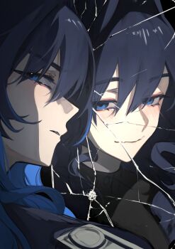 1girl absurdres black_dress black_hair blue_eyes blue_hair broken_mirror closed_mouth different_reflection dress hair_between_eyes highres hololive hololive_english hunk_404 long_hair mirror multicolored_hair ouro_kronii ouro_kronii_(4th_costume) ouro_kronii_(maid) reflection reflection_focus two-tone_hair virtual_youtuber