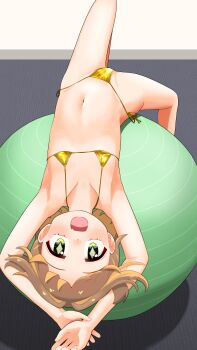 1girl absurdres armpits arms_up ball bare_arms bare_legs bare_shoulders bikini bilingual_commentary blush brown_hair commentary commission diamond-shaped_pupils diamond_(shape) english_commentary exercise_ball fang flat_chest gold_bikini green_eyes hair_intakes happyundergate highres indoors knee_up loli looking_at_viewer micro_bikini mixed-language_commentary multicolored_hair navel oka_asahi onii-chan_wa_oshimai! orange_hair pixiv_commission short_hair side-tie_bikini_bottom skin_fang solo stomach string_bikini swimsuit symbol-shaped_pupils two-tone_hair two_side_up upside-down