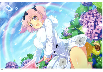+_+ 1girl :d absurdres after_rain blue_eyes bow breasts flower flower-shaped_pupils hair_bow hibari_(senran_kagura) highres holding holding_umbrella hydrangea large_breasts looking_at_viewer magazine_scan non-web_source official_alternate_costume official_art open_mouth pink_hair pink_pupils rainbow raincoat scan senran_kagura short_twintails smile snail solo symbol-shaped_pupils twintails umbrella water_drop