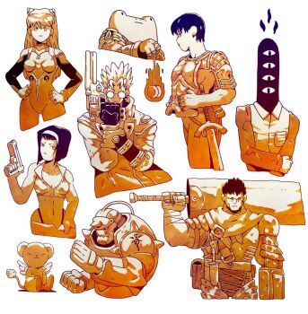 3girls 5boys alphonse_elric armor berserk black_hair bob_cut breastplate breasts cardcaptor_sakura casca_(berserk) character_request cowboy_bebop creature cropped_vest crossed_arms davilorium dragonslayer_(sword) earrings extra_eyes faye_valentine frog full_armor fullmetal_alchemist furrowed_brow glasses greatsword gun guts_(berserk) hairband half_updo hand_in_pocket handgun hands_on_own_hips headgear holding holding_gun holding_weapon hoop_earrings jewelry kero_(cardcaptor_sakura) mecha_pilot_suit mechanical_arms medium_breasts midriff mini_wings multiple_boys multiple_girls neon_genesis_evangelion one_eye_closed onodera_punpun oyasumi_punpun plate_armor plugsuit_(evangelion) plume round_eyewear short_hair shoulder_armor single_mechanical_arm souryuu_asuka_langley spiked_hair sword trigun vash_the_stampede vest weapon white_background wings yo-yo