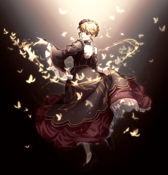 1girl back_cutout beatrice_(umineko) black_dress blonde_hair bug butterfly clothing_cutout dress flower frilled_sleeves frills from_behind full_body hair_flower hair_ornament high_heels highres holding holding_smoking_pipe hswoimuxk0pwr0h_(bbdan) insect layered_dress looking_to_the_side skirt_hold smoking_pipe solo umineko_no_naku_koro_ni wide_sleeves