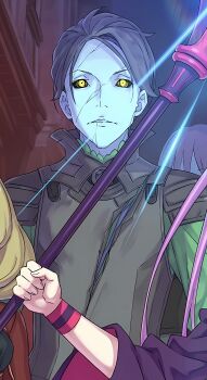 Rule 34 | 1boy, balleroy temeglyph, cloak, glowing, glowing eyes, green cloak, grey hair, looking at viewer, pale skin, re:zero kara hajimeru isekai seikatsu, scar, serious, shadow, short hair, solo, staff, upper body, weapon, yellow eyes