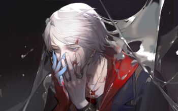 1boy absurdres blood blood_on_face commentary_request cross cross_necklace devil_may_cry devil_may_cry_(series) devil_may_cry_4 hands_on_own_face highres jacket jewelry lin09 long_hair male_focus necklace nero_(devil_may_cry) simple_background solo white_hair
