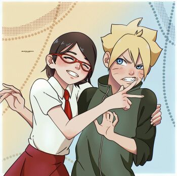 1boy 1girl black_hair blonde_hair blue_eyes boruto:_naruto_next_generations clenched_teeth commentary finger_in_another&#039;s_mouth glasses green_jacket grin highres jacket justcallmedolce naruto_(series) necktie red-framed_eyewear red_necktie red_skirt short_hair short_necktie skirt smile teeth twitter_username uchiha_sarada uzumaki_boruto