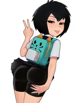 1girl :p ass backpack bag bike_shorts bike_shorts_under_skirt black_hair black_shorts black_skirt black_vest blush closed_mouth clothes_lift collared_shirt cowboy_shot dutch_angle female_focus from_behind hair_between_eyes half-closed_eyes highres legs_together loli loodncrood looking_at_viewer looking_back marvel miniskirt nose peni_parker pleated_skirt shirt short_hair short_sleeves shorts simple_background skirt skirt_lift smile solo spider-man:_into_the_spider-verse spider-man_(series) spider-verse standing tongue tongue_out tsurime v vest white_background white_shirt yellow_eyes