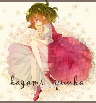 1girl ascot character_name closed_eyes closed_mouth commentary_request frilled_skirt frills full_body gingham_skirt gingham_vest_(clothing) green_hair kazami_yuuka lying mary_janes on_side one-hour_drawing_challenge open_clothes open_vest red_shoes red_skirt red_vest shinjitsu_no_kuchi shirt shoes short_hair skirt skirt_set socks solo touhou vest white_shirt white_socks yellow_ascot