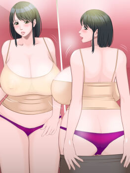 1girl ass back black_hair blush bouncing_breasts breasts butt_crack cleavage covered_erect_nipples curvy female_focus flying_tree_frog hip_focus huge_breasts looking_back mature_female miniskirt mole nipples open_mouth panties purple_panties see-through_clothes skirt solo standing tank_top underwear undressing wide_hips