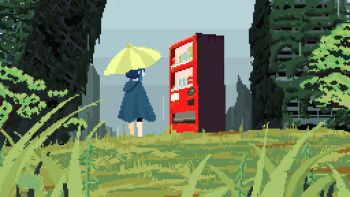 1girl animated animated_gif blue_hair blue_jacket building grass grey_sky hill holding holding_umbrella hood hood_down hooded_jacket jacket looping_animation original outdoors overgrown pixel_art post-apocalypse rain sky skyscraper solo umbrella wide_shot yakata348916 yellow_umbrella