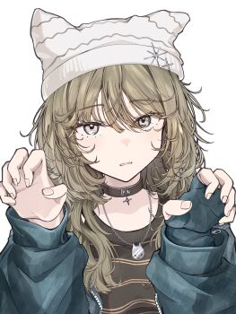 Rule 34 | 1girl, absurdres, animal ear headwear, beanie, black choker, black shirt, blue gloves, blue jacket, brown hair, choker, claw pose, fake animal ears, fingerless gloves, fingernails, gloves, grey eyes, hair between eyes, hands up, hashtag-only commentary, hat, highres, indie virtual youtuber, jacket, jewelry, long hair, long sleeves, looking at viewer, necklace, no name ver1, open clothes, open jacket, open mouth, shibata komugi, shirt, simple background, single fingerless glove, single glove, solo, striped clothes, striped shirt, swept bangs, textless version, upper body, variant set, virtual youtuber, white background, white hat