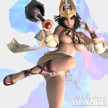 00s 1girl 3d ancient_egyptian bad_id bad_pixiv_id black_hair breasts cameltoe feet female_focus highres hinemaru large_breasts menace panties partially_visible_vulva queen's_blade revealing_clothes short_hair solo striped_clothes striped_panties toes underboob underwear