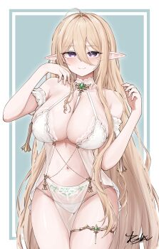 1girl absurdres akasha_(v0id_saga) azur_lane bare_shoulders blonde_hair blush breasts chain cleavage closed_mouth commentary_request commission cowboy_shot fingernails gouden_leeuw_(azur_lane) hair_between_eyes hands_up highres huge_breasts jewelry loincloth long_hair looking_at_viewer mole mole_under_eye navel pelvic_curtain pointy_ears purple_eyes see-through_clothes signature skeb_commission smile solo stomach thighlet very_long_hair