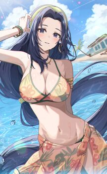 1girl absurdres armlet bare_shoulders beach bikini blue_sky bracelet breasts cleavage cloud cloudy_sky cowboy_shot curtained_hair earrings elf floral_print floral_print_bikini floral_print_sarong gamma_(kage_no_jitsuryokusha_ni_naritakute!) green_hairband hairband hand_up highres hoop_earrings jewelry kage_no_jitsuryokusha_ni_naritakute! large_breasts light_blush long_hair looking_at_viewer low-tied_long_hair matsumoto_yuu mole mole_under_mouth multiple_bracelets navel necklace ocean official_alternate_costume palm_tree parted_bangs parted_lips partially_submerged pointy_ears print_bikini purple_eyes purple_hair sarong sky smile solo standing stomach swimsuit tree very_long_hair water_drop wet yellow_bikini yellow_sarong