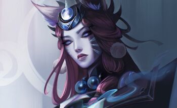 1girl ahri_(league_of_legends) animal_ears bead_necklace beads blue_eyes braid closed_mouth commentary crescent crescent_hair_ornament english_commentary eyeshadow facial_mark fox_ears fox_girl fox_tail hair_ornament highres jewelry league_of_legends makeup necklace noctysart official_alternate_costume official_alternate_hair_color pale_skin pink_eyeshadow pink_hair pink_lips portrait side_braid snow_moon_ahri solo tail whisker_markings