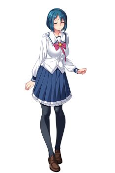 1girl black_pantyhose blue_hair blue_skirt blush bow breasts closed_eyes full_body game_cg highres large_breasts large_variant_set loafers long_sleeves mizushima_aoi nana_g non-web_source official_art pantyhose pleated_skirt sailor_element school_uniform shirt shoes short_hair skirt solo standing transparent_background variant_set