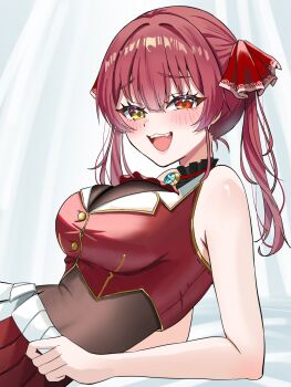 1girl :d bare_shoulders black_leotard blue_gemstone blush breasts brooch commentary_request fang gem hair_ornament heterochromia highres hololive houshou_marine houshou_marine_(1st_costume) jacket jewelry large_breasts leotard leotard_under_clothes long_hair looking_at_viewer lq45_o open_mouth raised_inner_eyebrows red_eyes red_hair red_jacket red_skirt skirt sleeveless sleeveless_jacket smile solo teeth twintails upper_body upper_teeth_only virtual_youtuber white_background wispy_bangs yellow_eyes