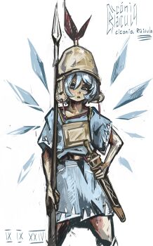 1girl absurdres armor belt blue_bow blue_dress blue_eyes blue_hair blush bow breastplate ciconia_ridicula cirno dress hair_bow helmet highres ice ice_wings polearm roman_numeral sheath short_hair solo spear touhou weapon wings