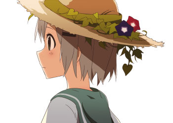 1girl aqua_sailor_collar blush brown_eyes closed_mouth commentary expressionless from_behind grey_hair hair_ornament hairclip hat portrait sailor_collar school_uniform serafuku shirt simple_background solo straw_hat sun_hat white_background white_shirt yama_no_susume yukimura_aoi yukitake_(bullfalk)