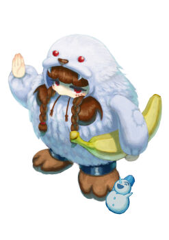 1girl absurdres banana braid brown_hair darkstalkers food fruit highres nojob_hiro red_eyes sasquatch_(darkstalkers) simple_background snowman twin_braids white_background yeti_costume